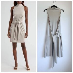 NWT Vince. Knot Pima Cotton Sleeveless Tie Waist Mock Neck Dress in Grey Size L